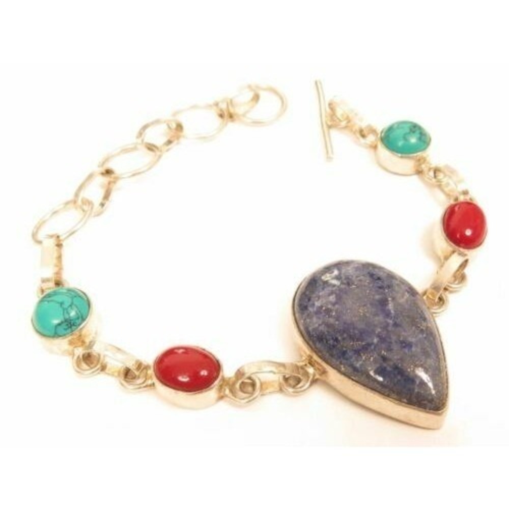 Pear Shaped Lapis Lazuli & Green‎ Red Gemstone Sterling Silver Bracelet*6" to 8"